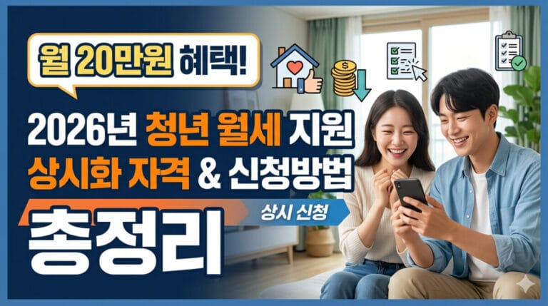2026년 청년 월세 지원 상시화 자격 및 신청방법 총정리 문구가 적힌 유튜브 썸네일 이미지. 배경에는 밝게 웃으며 스마트폰을 확인하는 젊은 남녀가 있고, 상단에는 '월 20만원 혜택!'이라는 강조 문구와 집, 동전 아이콘이 포함되어 있음