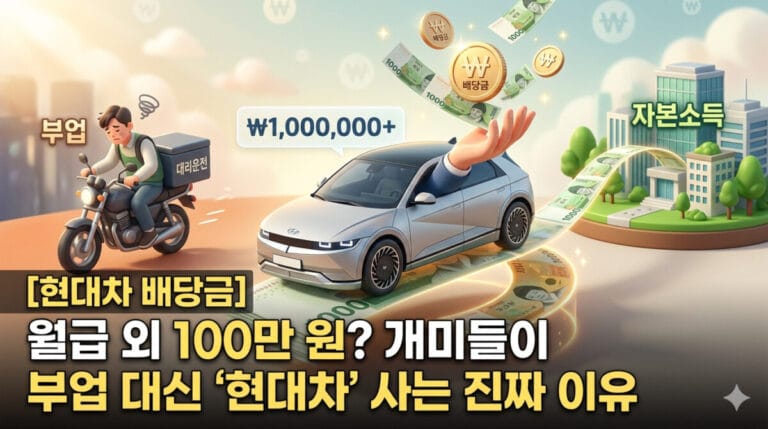 현대차 배당금 투자 수익률 분석과 월 100만원 배당금 수령 전략을 설명하는 블로그 썸네일 이미지