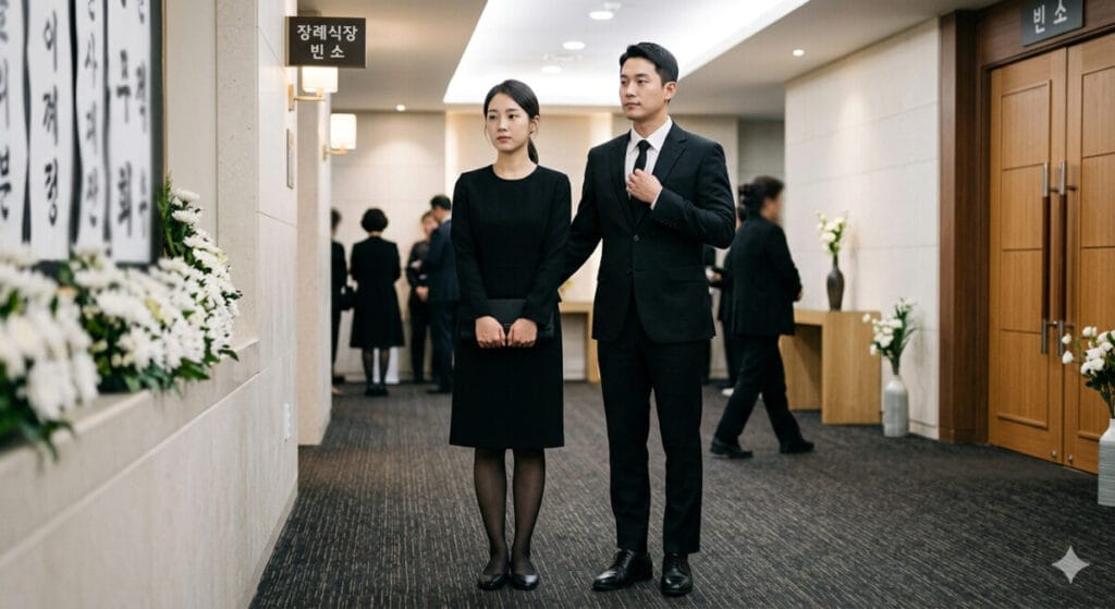 배경은 차분한 분위기의 현대적인 장례식장 복도로, 벽면의 희미한 안내판(빈소)과 조화 장식을 통해 상황을 명확하게 전달합니다. 실제 조문 시 참고하기에 좋은 표준적인 복장입니다.