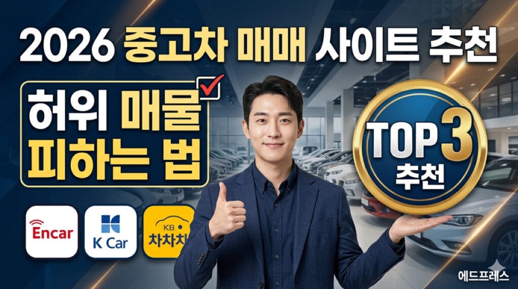 썸네일은 16:9 비율로, 왼쪽에는 크고 bold한 흰색 한글 텍스트로 '2026 중고차 매매 사이트 추천'이라고 적혀 있고, 그 아래 주황색 그래픽 상자 안에 흰색 한글로 '허위 매물 피하는 법'이라고 적혀 있습니다. 오른쪽에는 'TOP 3 추천'이라는 금색과 파란색의 배지가 돋보이며, 그 주위로 '엔카', '케이카', 'KB차차차'의 스타일링 된 로고 아이콘이 있습니다. 중앙에는 자신감 있게 웃는 젊은 한국 남성이 스마트폰을 들고 있으며, 배경은 밝고 깨끗한 현대적인 중고차 전시장과 자동차들이 부드럽게 블러 처리된 모습입니다. 전체적인 색감은 신뢰감을 주는 블루와 따뜻한 골드 톤입니다.