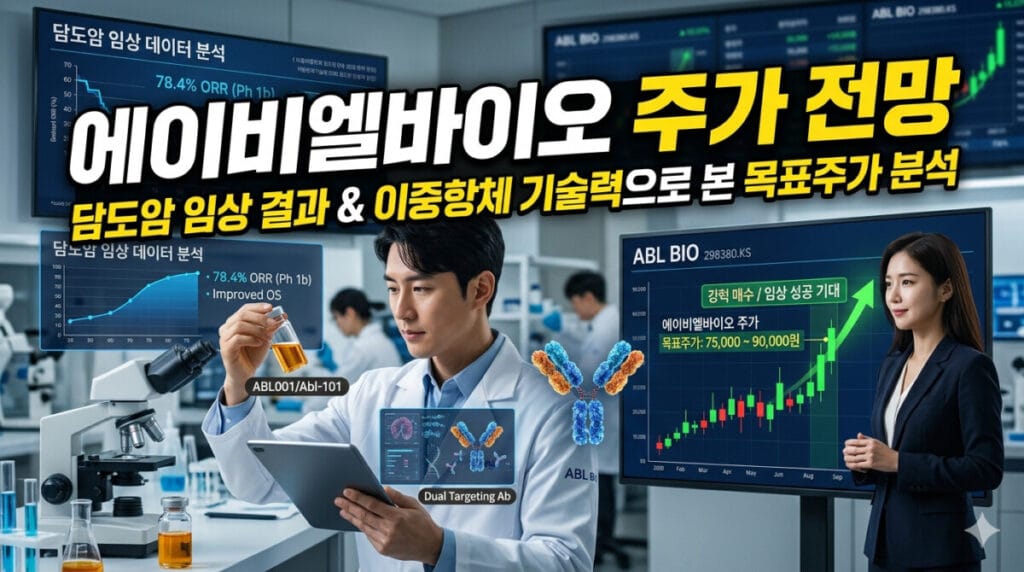현대적인 바이오 연구실 배경에 '에이비엘바이오 주가 전망'이라는 대형 텍스트가 적힌 유튜브 썸네일 이미지. 화면 왼쪽에는 연구원이 이중항체 구조와 임상 데이터를 분석하고 있으며, 오른쪽에는 우상향하는 주가 차트와 목표 주가를 설명하는 전문가의 모습이 실사 스타일로 표현되어 있