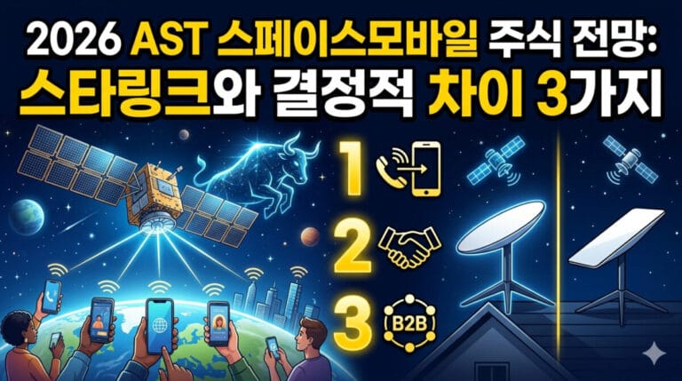 어두운 우주와 지구를 배경으로 한 16:9 비율의 역동적인 블로그 썸네일 이미지. 상단에는 굵은 흰색과 노란색 한글 글씨로 '2026 AST 스페이스모바일 주식 전망: 스타링크와 결정적 차이 3가지'라는 제목이 명확하게 적혀 있다. 이미지 왼쪽에는 거대한 AST 스페이스모바일 위성이 지구상의 여러 일반 스마트폰으로 신호를 직접 보내는 모습이 그려져 있으며, 그 뒤로 황소(상승장)의 빛나는 실루엣이 보인다. 오른쪽에는 스타링크의 수신 안테나(디시)와 위성이 비교 형태로 배치되어 있다. 중앙에는 노란색으로 숫자 1, 2, 3이 적힌 원형 아이콘이 세로로 나열되어 있어 세 가지 차이점을 강조한다. 전체적으로 하이테크하고 에너지 넘치는 디자인이다.