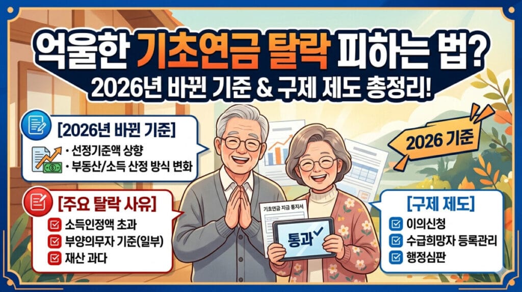 따뜻하고 밝은 배경 앞에 미소 짓는 노년 부부가 서 있는 16:9 비율의 유튜브 썸네일 이미지. 상단에는 '억울한 기초연금 탈락 피하는 법? 2026년 바뀐 기준 & 구제 제도 총정리!'라는 문구가 크고 명확하게 적혀 있다. 화면 좌우에는 2026년 변경된 선정 기준액 상향, 주요 탈락 사유(소득인정액, 재산 등), 그리고 이의신청과 같은 구제 제도가 인포그래픽 형태로 깔끔하게 요약되어 있으며, 남성은 '기초연금 지급 통지서'를 들고 환하게 웃고 있다
