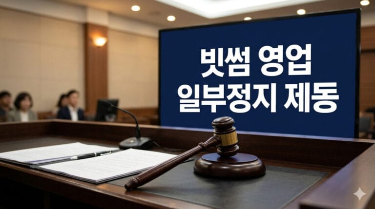 법원 경매 망치와 관련 문서들이 놓인 탁자 뒤로 "빗썸 영업 일부정지 제동"이라는 문구가 크게 쓰여 있는 법정 배경의 16:9 실사 썸네일 이미지