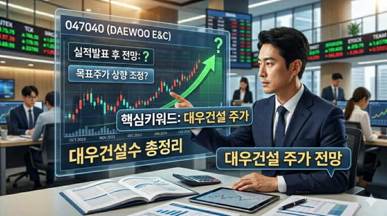 대우건설 주가 분석을 테마로 한 16:9 비율의 실사 스타일 썸네일 이미지. 현대적인 사무실 배경에서 정장을 입은 남성 분석가가 투명한 디지털 차트 화면을 가리키고 있다. 차트에는 우상향하는 주가 그래프와 '047040 (DAEWOO E&C)' 텍스트가 표시되어 있으며, 화면 곳곳에 '대우건설 주가', **'대우건설 주가 전망'**이라는 핵심 키워드가 강조되어 있다. 또한 '실적발표 후 전망', '목표주가 상향 조정?', '총정리'와 같은 문구가 포함되어 있어 전문적인 금융 분석 콘텐츠임을 시각적으로 전달한다