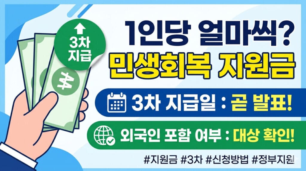 1인당 얼마씩? 민생회복 지원금 3차 지급일 및 외국인 포함 여부 안내를 담은 유튜브 썸네일 이미지. 왼쪽에 지폐를 든 손과 '3차 지급' 스티커가 있고, 중앙에는 '3차 지급일 : 곧 발표!', '외국인 포함 여부 : 대상 확인!'이라는 문구가 깔끔한 카드 뉴스 형태로 디자인되어 있습니다.