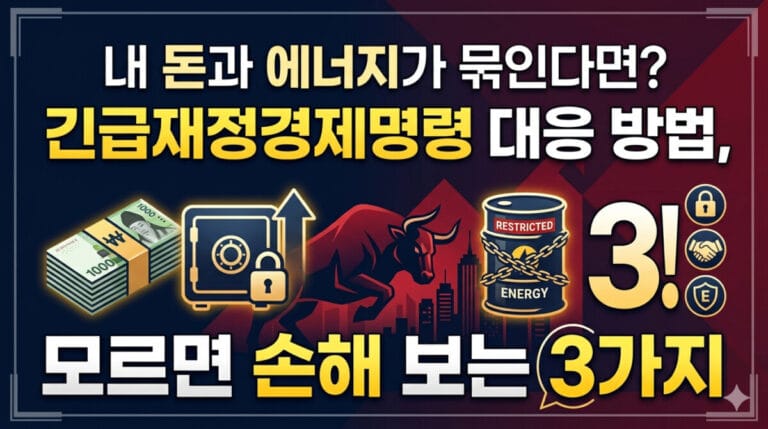 짙은 파란색과 깊은 붉은색의 기하학적 그라데이션 배경에 굵은 흰색과 노란색 한글 글씨로 '내 돈과 에너지가 묶인다면?' (If my money and energy are tied up?), '긴급재정경제명령 대응 방법,' (Emergency Financial & Economic Order Countermeasures,), '모르면 손해 보는 3가지' (3 Things You Lose if You Don't Know)라는 제목이 명확하게 적혀 있다. 이미지 왼쪽에는 돈다발과 잠긴 금고 아이콘이, 오른쪽에는 사슬에 묶인 에너지 배럴과 숫자 3 아이콘이 배치되어 있으며, 배경에는 시장 상승을 상징하는 황소와 도시 스카이라인 실루엣이 integrated 되어 있어 전문적이고 긴박감 넘치는 금융 디자인이다.