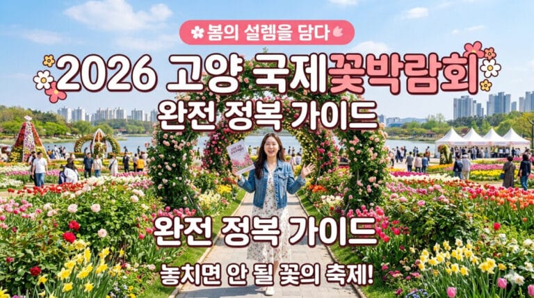 화창한 봄날, 수많은 튤립과 화려한 꽃들로 가득 찬 2026 고양 국제꽃박람회장을 배경으로 한 실사 썸네일 이미지입니다. 이미지 중앙에는 화사한 원피스와 데님 재킷을 입은 여성이 밝게 웃으며 가이드북을 들고 서 있습니다. 그녀의 뒤로는 아름다운 꽃아치와 일산 호수공원의 평화로운 풍경, 그리고 축제를 즐기는 사람들이 보입니다. 이미지 상단에는 '🌸봄의 설렘을 담다'라는 핑크색 띠지가 있고, 그 아래로 크고 명확한 한글 텍스트로 '2026 고양 국제꽃박람회', '완전 정복 가이드'가 큼직하게 쓰여 있습니다. 이미지 하단에도 '완전 정복 가이드'와 '놓치면 안 될 꽃의 축제!'라는 문구가 시선을 사로잡는 디자인으로 배치되어 있습니다. 전체적으로 화사하고 생동감 넘치는 봄 축제의 분위기를 전달합니다.