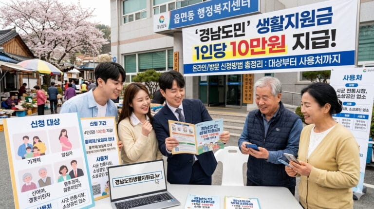 경상남도 읍면동 행정복지센터 앞에서 다양한 연령대의 도민들이 경남도민 생활지원금 1인당 10만원 지급 안내 현수막과 팜플렛을 확인하며 밝게 웃고 있는 모습. 노트북 화면에는 신청 사이트 주소가 띄워져 있으며, 옆으로는 신청 대상과 사용처가 적힌 안내판이 배치된 실사 이미지