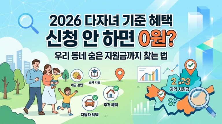 2026 다자녀 기준 혜택 신청 안 하면 0원? 우리 동네 숨은 지원금까지 찾는 법 총정리 블로그 썸네일. 전세가 월세로 바뀌는 시장 변화를 시각화한 그래픽과 굵은 텍스트가 특징입니다. (16:9 비율)