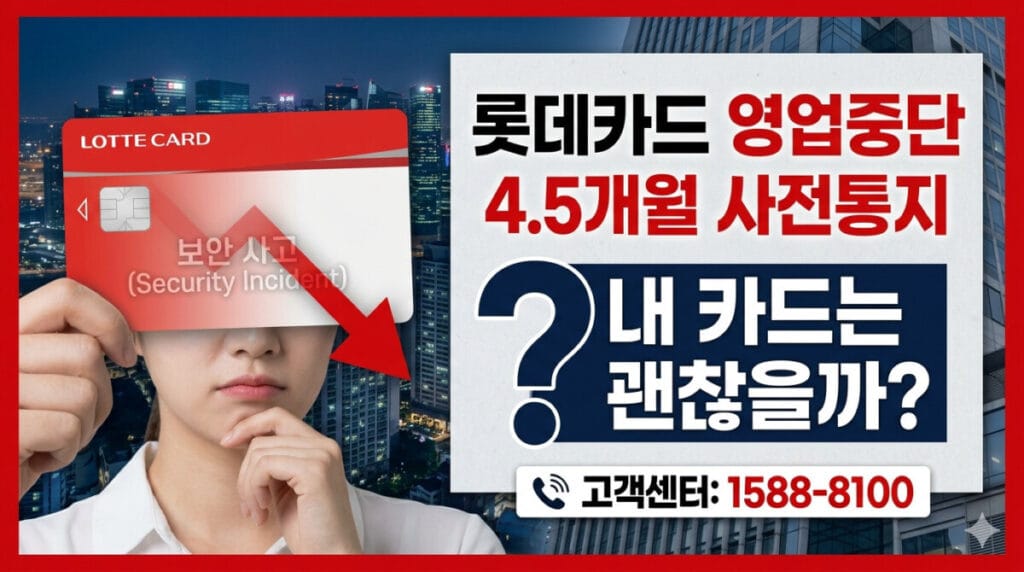 '롯데카드 영업중단 4.5개월 사전통지, 내 카드는 괜찮을까?'라는 주제의 블로그 썸네일 이미지. 16:9 비율의 이미지는 크게 세 부분으로 나뉜다. 왼쪽은 정보 유출 사고를 상징하는 그래픽으로, 깨진 'LOTTE CARD'와 아래로 향하는 붉은색 하락 화살표, 그 아래 "보안 사고 (Security Incident)"라는 작은 텍스트가 배치되어 불안감과 경각심을 준다. 중앙에는 크고 굵은 한글 텍스트로 제목이 명확하게 적혀 있다: '롯데카드 영업중단 4.5개월 사전통지, 내 카드는 괜찮을까?'. 제목 아래에는 사용자의 불안함을 상징하는 큰 물음표와 카드 한도가 축소되거나 서비스가 제한될까 우려하는 사용자의 시선(약간 불안해하는 눈빛)이 배치되어 클릭을 유도한다. 오른쪽 하단에는 사용자가 즉시 연락할 수 있도록 큰 글씨로 "고객센터: 1588-8100"이 전화기 아이콘과 함께 명시되어 있다. 전체적으로 붉은색과 남색의 대비를 통해 긴급성과 신뢰성을 동시에 표현한 깔끔한 뉴스 그래픽 스타일의 이미지이다.