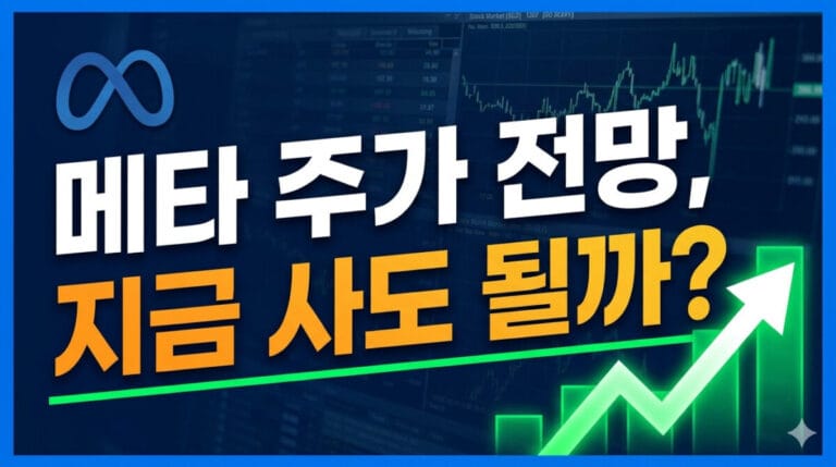 어두운 배경의 주식 차트 위에 메타(Meta)의 '∞' 로고와 함께 흰색과 주황색의 굵고 큰 한국어 텍스트로 '메타 주가 전망, 지금 사도 될까?'라고 적힌 유튜브 썸네일 이미지. 오른쪽 하단에는 초록색 상승 화살표가 역동적으로 그려져 있습니다