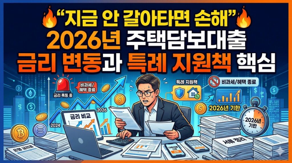 금융 시장의 긴박함을 나타내는 16:9 비율의 블로그 썸네일 이미지. 상단에는 불꽃 아이콘과 함께 '지금 안 갈아타면 손해, 2026년 주택담보대출 금리 변동과 특례 지원책 핵심'이라는 문구가 크고 강렬하게 적혀 있다. 이미지 중앙에는 안경을 쓴 남성이 서류와 노트북 사이에서 당황한 표정으로 계산기를 두드리며 '금리 비교'와 '서류 정리'를 하고 있다. 배경에는 우상향하는 금리 그래프와 경고등, 그리고 '특례 지원책', '2026년 기한' 등의 키워드가 인포그래픽 형태로 배치되어 있어 금리 변화에 대한 빠른 대응의 중요성을 강조한다