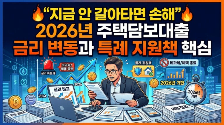 금융 시장의 긴박함을 나타내는 16:9 비율의 블로그 썸네일 이미지. 상단에는 불꽃 아이콘과 함께 '지금 안 갈아타면 손해, 2026년 주택담보대출 금리 변동과 특례 지원책 핵심'이라는 문구가 크고 강렬하게 적혀 있다. 이미지 중앙에는 안경을 쓴 남성이 서류와 노트북 사이에서 당황한 표정으로 계산기를 두드리며 '금리 비교'와 '서류 정리'를 하고 있다. 배경에는 우상향하는 금리 그래프와 경고등, 그리고 '특례 지원책', '2026년 기한' 등의 키워드가 인포그래픽 형태로 배치되어 있어 금리 변화에 대한 빠른 대응의 중요성을 강조한다