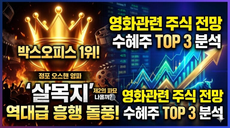 박스오피스 1위 영화 '살목지'의 역대급 흥행 돌풍과 함께 제2의 파묘가 나올지에 대한 기대감을 나타내는 16:9 비율의 현대적인 썸네일 이미지. 왼쪽에는 영화 성공을 상징하는 거대한 황금 왕관과 '박스오피스 1위!' 텍스트가, 오른쪽에는 상승하는 주가 차트와 '영화관련 주식 전망, 수혜주 TOP 3 분석'이라는 텍스트가 배치되어 있다. 전체적으로 파란색과 금색 톤의 전문적이고 역동적인 분위기이며 16:9 비율이다.