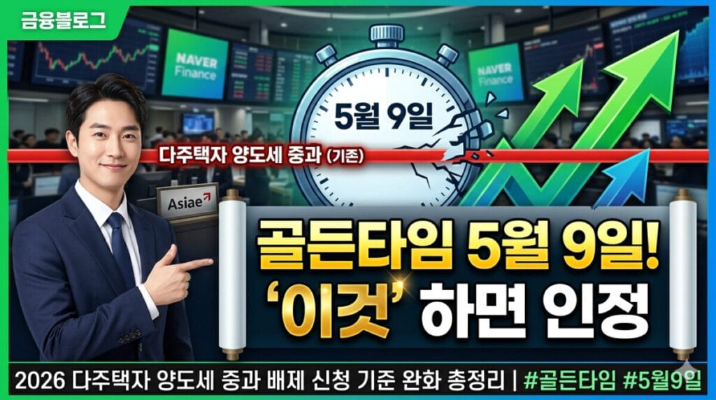 다주택자 양도세 중과 골든타임 5월 9일! '이것' 하면 인정"이라는 강렬한 큰 텍스트가 상단에 배치된 블로그 썸네일. 중앙에는 스튜디오 뉴스 데스크에서 포즈를 취하는 여성 앵커와 그 뒤로 가파르게 상승하며 7,000 KRW (2021년) 수치를 돌파하는 주가 캔들차트 그래프가 보인다. 그래프 하단 티커에는 '127710 | 아시아경제 | 최신 흑자 전환 & 2026 전망' 텍스트가 새겨져 있다. 배경은 흐릿하게 처리된 거래소와 뉴스룸 전경이다