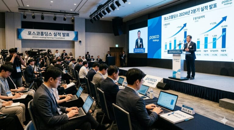 포스코홀딩스 실적 발표 행사장 전경. 무대 위 대형 스크린에는 상승 곡선이 그려진 실적 그래프와 '포스코홀딩스 실적 발표' 문구가 띄워져 있고, 한 발표자가 단상에서 브리핑을 하고 있다. 앞쪽 좌석에는 기자와 분석가들이 노트북을 사용하여 발표 내용을 기록하고 있는 전문적이고 생동감 넘치는 실사 이미지