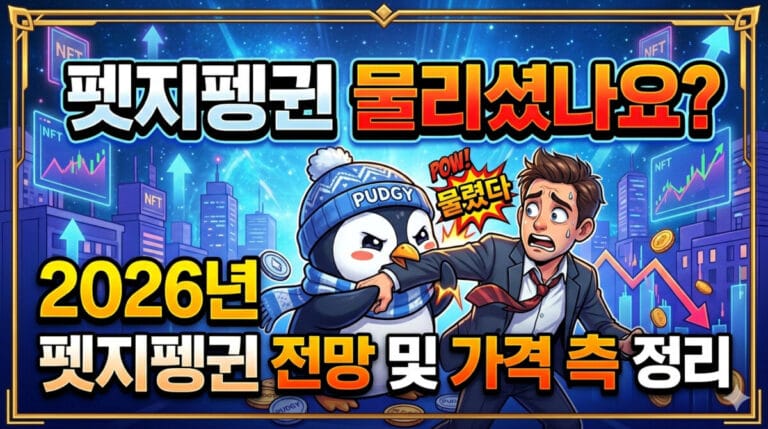 "펏지펭귄 물리셨나요? 2026년 전망 및 가격 예측 정리"라는 큰 한국어 텍스트가 상단과 중앙에 배치된 16:9 비율의 블로그 썸네일 이미지. 중심에는 귀여운 Pudgy Penguin (blue and white knit cap and scarf)이 anxious-looking man (investor in a suit, distressed expression)의 팔을 물고 있어 '물렸다'는 상황을 코믹하게 표현하고 있다. 배경에는 하락하는 NFT 차트와 빨간색 아래 화살표가 그려져 있어 시장의 변동성을 시각화했다.