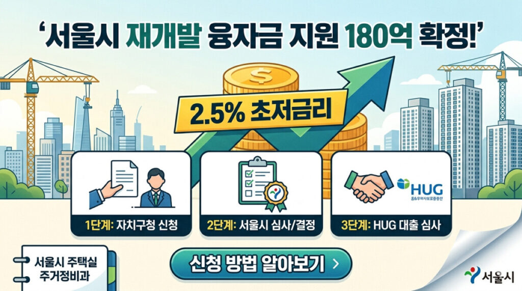 서울시 재개발 융자금 지원 180억 확정과 2.5% 초저금리 혜택을 홍보하는 블로그 썸네일 이미지. 상단에 '서울시 재개발 융자금 지원 180억 확정!'이라는 큰 제목과 중앙에 '2.5% 초저금리'라는 강조 배너가 있으며, 그 아래로 자치구청 신청, 서울시 심사/결정, HUG 대출 심사의 3단계 신청 과정을 보여주는 현대적인 인포그래픽 아이콘들이 배치되어 있습니다. 배경으로는 서울 도시 스카이라인과 재개발 크레인, 현대적인 아파트 단지가 그려져 있습니다. 하단에는 '신청 방법 알아보기'라는 행동 유도 버튼이 있습니다.