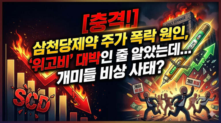 불타오르는 주가 하락 그래프와 절망하는 개인 투자자들의 모습을 배경으로, '[충격!] 삼천당제약 주가 폭락 원인, '위고비' 대박인 줄 알았는데… 개미들 비상 사태?'라는 긴급하고 자극적인 자막이 크게 적혀 있는 유튜브 썸네일 이미지