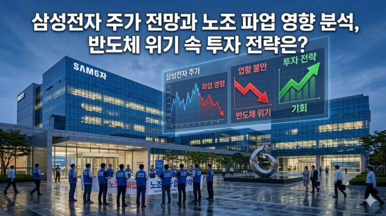 삼성전자 본사 캠퍼스 전경 위에 주가 변동 차트와 '노조 파업 영향', '반도체 위기 속 투자 전략'이라는 한글 텍스트가 겹쳐진 긴장된 분위기의 썸네일 실사 이미지