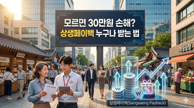 푸른색 그라데이션 배경에 SK하이닉스 로고와 함께 "모르면 30만원 손해?" 및 "상생페이백 누구나 받는 법"이라는 텍스트가 흰색과 노란색의 굵은 고딕체로 명확하게 표시되어 있습니다. 왼쪽에는 서류를 들고 환하게 웃는 두 남녀 직원이, 오른쪽에는 상승하는 그래프와 쌓여있는 동전, 위쪽 화살표가 그려져 있어 성공적인 기업 성장과 활기찬 채용 분위기를 직관적으로 나타내는 깨끗하고 전문적인 썸네일 이미지입니다.