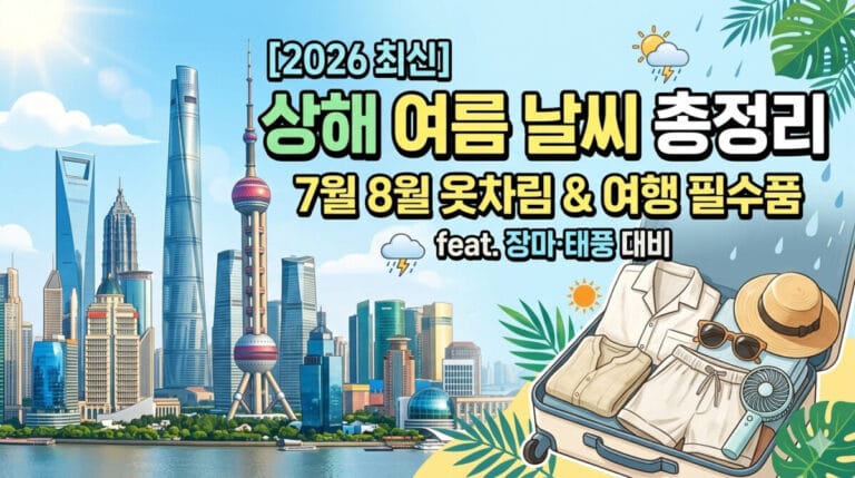[2026 최신] 상해 여름 날씨 총정리: 7월 8월 옷차림 & 여행 필수품 (feat. 장마·태풍 대비)"라는 제목이 크게 적힌 블로그 썸네일 이미지. 왼쪽에는 푸동 스카이라인, 오른쪽에는 여행 가방과 선글라스, 모자 등 여름 소품이 배치된 일러스트