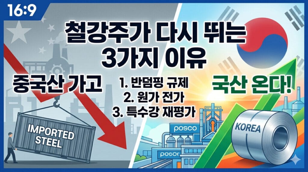 중국산 가고 국산 온다!'라는 주제의 철강주 분석 블로그 썸네일 이미지. 이미지는 대각선으로 나뉘어 있으며, 왼쪽은 어둡고 무거운 분위기의 회색과 남색 톤으로 'IMPORTED STEEL'이라고 적힌 컨테이너가 덤핑 규제로 인해 치워지는 모습을 보여준다. 이 쪽에는 '중국산 가고'라는 한글 텍스트와 큰 붉은색 하락 화살표가 배치되어 있다. 오른쪽은 밝고 희망찬 파란색과 주황색 톤으로 현대적인 한국 제철소(POSCO 로고와 유사한 느낌의 건물)와 깨끗하게 감긴 'KOREA' 스탬프가 찍힌 코일 강재를 보여준다. 이 쪽에는 '국산 온다!'라는 한글 텍스트와 큰 녹색 상승 화살표가 배치되어 있다. 중앙 상단에는 크고 굵은 한글 제목 '철강주가 다시 뛰는 3가지 이유'가 있으며, 그 아래로 작은 글씨로 번호가 매겨진 3가지 이유(1. 반덤핑 규제, 2. 원가 전가, 3. 특수강 재평가)가 요약되어 있다. 한국 쪽에는 태극 무늬를 형상화한 그래픽이 포함되어 있다. 전체적으로 깨끗하고 전문적인 뉴스 그래픽 스타일의 이미지이다