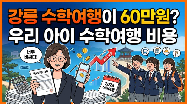 따뜻한 강릉 해변과 경포호를 배경으로 한 16:9 비율의 블로그 썸네일 이미지. 상단에는 '강릉 수학여행이 60만원? 우리 아이 수학여행 비용'이라는 주황색과 흰색의 크고 명확한 한글 타이틀이 적혀 있다. 이미지 중앙에는 안경을 쓴 여성이 당황한 표정으로 '너무 비싸다!'라고 쓰인 말풍선과 함께 스마트폰에 뜬 '60만원'이라는 숫자와 상승하는 가격 그래프를 가리키고 있다. 그 오른쪽에는 교복을 입은 학생 세 명이 웃으며 Backpack을 메고 강릉 해변을 향해 즐겁게 걸어가고 있어, 치솟는 비용에 고민하는 부모와 여행을 기대하는 학생의 대조적인 모습을 보여준다. 책상 위에는 계산기와 '600,000'이라고 쓰인 서류가 놓여 있다
