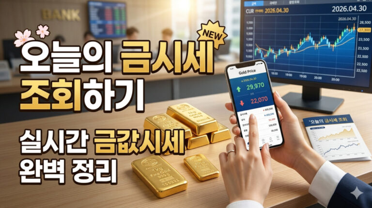 깨끗하고 현대적인 금융 및 재테크 분위기를 담은 16:9 썸네일 이미지입니다. 이미지 중앙에는 고급스러운 골드바(1kg, 100g 등)들이 빛을 받으며 정갈하게 놓여 있습니다. 그 옆으로, 한 한국 여성이 자신의 스마트폰 화면을 밝게 웃으며 보여주고 있는데, 화면에는 실시간 금값 시세 그래프와 가격 정보가 명확하게 표시된 '오늘의 금시세 조회' 앱이 실행되고 있습니다. 배경으로는 흐릿하지만 실시간 주식 및 금융 데이터가 표시된 대형 모니터 화면이 있는 은행 또는 투자 사무소의 활기찬 모습이 보이며, '2026.04.30' 날짜와 '현재 시세' 등이 적힌 자료들도 배치되어 있습니다. 이미지 전체를 가로지르는 크고 명확한 한글 텍스트로 '오늘의 금시세 조회하기'와 '실시간 금값시세 완벽 정리'가 시선을 사로잡는 디자인으로 쓰여 있어 클릭을 유도합니다. 전체적으로 신뢰감 있고 화사한 봄날의 햇살 아래 촬영된 듯한 느낌을 줍니다.