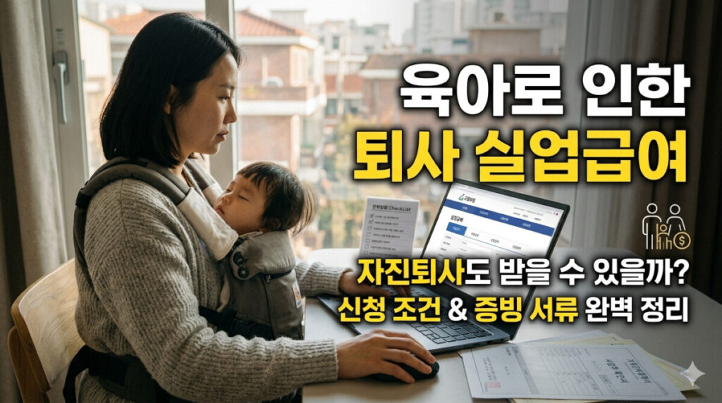 서울의 햇살 잘 드는 가정집 거실 테이블에서, 30대 중반의 한국인 어머니가 아이띠를 두르고 잠든 아기를 품에 안은 채 노트북 화면을 진지하게 바라보고 있습니다. 노트북 화면에는 '고용보험 실업급여 신청' 관련 웹페이지가 열려 있으며, 테이블 위에는 '가족관계증명서', '사업주 확인서' 등 증빙 서류 뭉치와 필기구가 놓여 있습니다. 이미지 우측에는 흰색과 노란색의 굵은 고딕체로 '육아로 인한 퇴사 실업급여 (Voluntary Resignation?)'라는 큰 제목과 그 아래 '자진퇴사도 받을 수 있을까? 신청 조건 & 증빙 서류 완벽 정리'라는 상세 부제목이 선명하게 노출되어 있습니다. 따뜻하고 정돈된 분위기로 정보에 대한 신뢰를 줍니다. 고해상도 실사 스타일