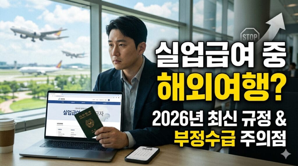 modern 공항 터미널 창가에 앉은 30대 중반의 한국인 남성이 진지한 표정으로 노트북 화면을 바라보고 있습니다. 노트북 화면에는 '고용보험 실업급여' 관련 웹페이지가 열려 있으며, 남성의 한 손에는 대한민국 여권이 들려 있습니다. 창밖으로는 비행기가 이륙하는 모습이 보이며, 그의 옆에는 커피 컵과 '2026' 디지털 캘린더가 띄워진 스마트폰이 놓여 있습니다. 이미지 우측에는 흰색과 노란색의 굵은 고딕체로 '실업급여 중 해외여행? (Overseas Travel?)'이라는 큰 제목과 그 아래 '2026년 최신 규정 & 부정수급 주의점'이라는 상세 부제목이 선명하게 노출되어 있습니다. 상승 화살표와 정지 표지판 아이콘이 문구에 결합되어 정책 변화와 주의를 직관적으로 전달합니다. 자연광이 드는 사실적인 질감의 이미지