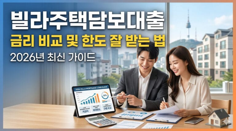 2026년 최신 가이드를 주제로 한 빌라 주택담보대출 금리 비교 및 한도 잘 받는 법 썸네일 이미지. 밝고 현대적인 분위기 속에서 웃고 있는 한국인 커플이 태블릿을 보며 대출 계획을 세우고 있습니다. 배경으로는 현대적인 빌라 건물과 서울 도시 전경이 보입니다.