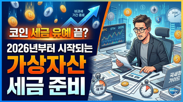 긴박하고 역동적인 분위기의 16:9 비율 유튜브 썸네일 이미지. 상단에는 '코인 세금 유예 끝? 2026년부터 시작되는 가상자산 세금 준비'라는 크고 명확한 한글 타이틀이 주황색과 흰색으로 강조되어 있다. 배경의 왼쪽에는 비트코인, 이더리움 등의 디지털 코인과 상승 화살표가 그려져 있고, 오른쪽에는 정장을 입은 남성이 서류와 태블릿으로 가득 찬 책상에서 당황한 표정으로 세금을 계산하고 있다. 책상 위에는 '절세전략', '국세청 가이드'라고 적힌 서류와 2026년 1월 1일로 설정된 스톱워치가 놓여 있어 다가오는 과세 시점을 시각적으로 나타낸다