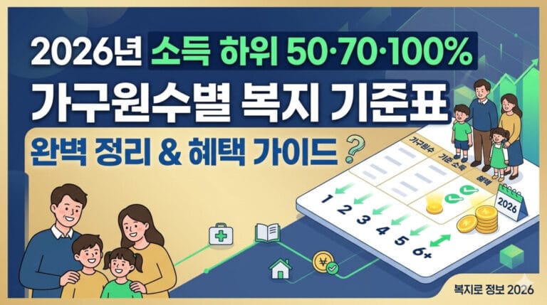 2026년 소득 하위 50·70·100% 가구원수별 복지 기준표 총정리 썸네일. 파란색과 금색 그라데이션 배경에 크고 굵은 흰색 한글 텍스트로 '2026년 소득 하위 50·70·100%', '가구원수별 복지 기준표', '완벽 정리 & 혜택 가이드'가 세 줄로 적혀 있다. 우측에는 금색 동전과 집 모양 아이콘을 든 가족 일러스트와 위로 향하는 초록색 화살표가 있으며, 좌측에는 정부 지원을 의미하는 녹색 호 아래에 웃고 있는 가족 일러스트와 병원, 교육, 에너지 아이콘이 그려져 있다. 하단에는 '복지로 정보 2026'이라는 unbranded 텍스트가 있다.