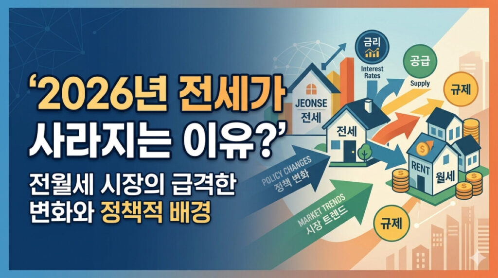 2026년 전세가 사라지는 이유? 전월세 시장의 급격한 변화와 정책적 배경 총정리 블로그 썸네일. 전세가 월세로 바뀌는 시장 변화를 시각화한 그래픽과 굵은 텍스트가 특징입니다. (16:9 비율)
