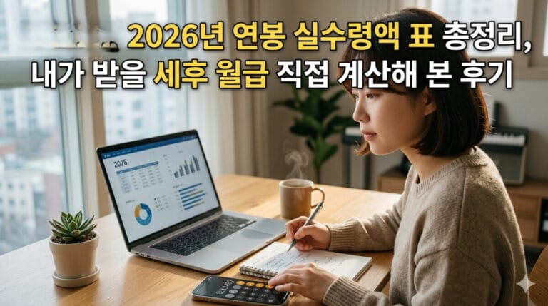 2026년 연봉 실수령액 표가 띄워진 노트북을 보며 계산기와 공책으로 세후 월급을 직접 계산하고 있는 직장인 여성의 모습