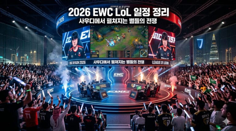 2026년 사우디 리야드에서 열린 e스포츠 월드컵(EWC) 리그 오브 레전드 경기장의 화려한 실사 전경과 대형 스크린에 중계되는 선수들의 모습