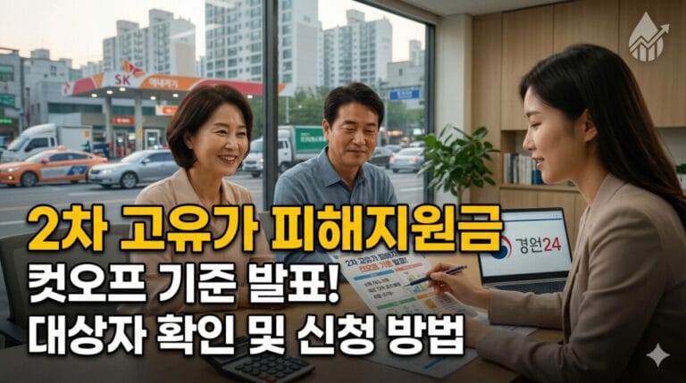 주유소가 보이는 창밖 배경의 상담실에서 한 중년 부부가 상담원으로부터 '2차 고유가 피해지원금' 안내문을 보며 설명을 듣고 있는 실사 이미지. 상담원의 노트북 화면에는 '정부24' 로고가 띄워져 있으며, 이미지 중앙에는 '2차 고유가 피해지원금 컷오프 기준 발표! 대상자 확인 및 신청 방법'이라는 문구가 크고 명확한 노란색과 흰색 글씨로 배치된 블로그용 썸네일