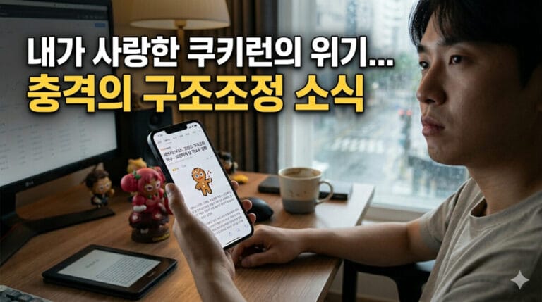 비가 오는 창밖을 배경으로, 어두운 방 안에서 심각하고 걱정스러운 표정의 남자가 스마트폰을 들고 있다. 스마트폰 화면에는 '데브시스터즈, 고강도 구조조정 착수 - 희망퇴직 및 무보수 경영'이라는 제목의 한국어 뉴스 기사가 선명하게 보이며, 작은 진저브레드 쿠키 캐릭터 아이콘이 함께 표시되어 있다. 책상 위에는 쿠키런 피규어(예: 핑크색 캐릭터)가 놓여 있어 사용자의 관심을 나타내며, 대형 모니터의 분석 차트와 전자책 리더기가 어우러져 깊은 고민에 잠긴 분위기를 연출한다. 전체적인 느낌은 다큐멘터리 스타일의 실사 이미지