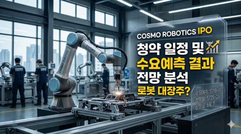 현대적인 로봇 제조 공장에서 정밀 작업을 수행 중인 산업용 협동 로봇 팔의 실사 이미지. 우측에는 투명한 유리 보드 위에 '코스모로보틱스 IPO 청약 일정 및 수요예측 결과 전망 분석'이라는 문구와 함께 상승하는 주식 그래프 아이콘이 배치되어 있으며, 하단에는 구체적인 청약 및 상장 일정이 요약되어 있는 깔끔하고 전문적인 느낌의 블로그 썸네일
