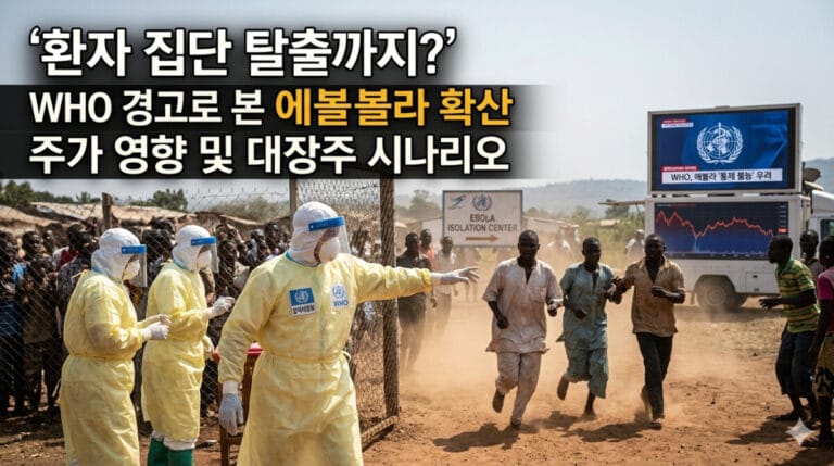 긴장감이 흐르는 현대적인 연구실 내부에서 흰색 방역복과 마스크를 착용한 방역 관계자가 전 세계 바이러스 확산 지도와 차트가 띄워진 대형 모니터를 심각한 표정으로 바라보는 실사 스타일의 장면. 이미지 상단에는 '환자 집단 탈출까지? WHO 경고로 본 에볼라 확산 주가 영향 및 대장주 시나리오'라는 문구가 흰색과 노란색 폰트로 명확하게 적혀 있다