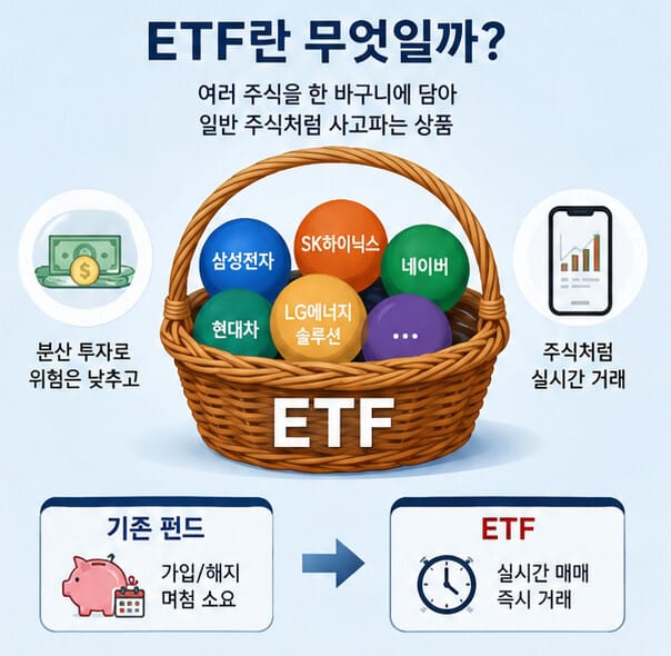 ETF란 무엇일까? 여러 주식을 한 바구니에 담아 분산 투자하는 상장지수펀드 개념과 실시간 거래 구조를 설명하는 인포그래픽