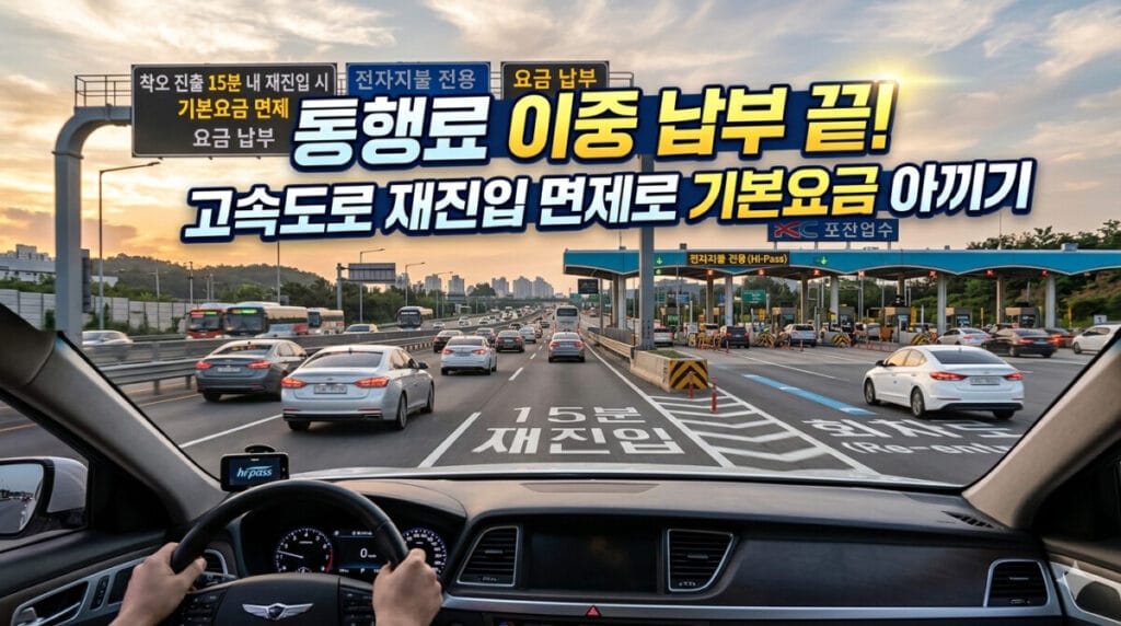 운전석에서 바라본 고속도로 톨게이트 진입로 풍경과 '통행료 이중 납부 끝! 고속도로 재진입 면제로 기본요금 아끼기'라는 문구가 적힌 블로그 썸네일 실사 이미지