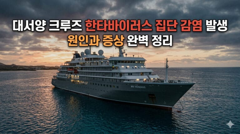 대서양 한복판에 입항 거부되어 정박 중인 'MV혼디우스'호 크루즈선과 붉은 노을이 비치는 침울한 분위기. 상단에는 '대서양 크루즈 한타바이러스 집단 감염 발생, 원인과 증상 완벽 정리'라는 흰색과 오렌지색의 굵은 고딕체 한국어 텍스트가 삽입된 블로그 썸네일 실사 이미지