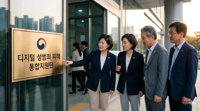 정부서울청사 입구에서 정장을 입은 관계자들이 '디지털 성범죄 피해 통합지원단'이라는 문구와 대한민국 정부 로고가 새겨진 금색 현판을 배경으로 대화를 나누고 있는 실사 이미지. 한 여성이 현판을 가리키며 설명하고 있고, 옆의 동료들이 진지한 표정으로 경청하며 범정부 차원의 통합 대응 의지를 상징적으로 보여주고 있다.