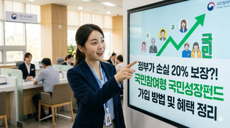 따뜻한 분위기의 은행 창구에서 한 젊은 여성이 '정부가 손실 20% 보장?! 국민참여형 국민성장펀드 가입 방법 및 혜택 정리'라는 한글 문구가 적힌 대형 스크린 광고판을 호기심 어린 표정으로 가리키고 있는 실사 이미지. 스크린에는 상승하는 초록색 그래프와 다양한 사람들의 일러스트, 그리고 대한민국 정부 로고가 그려져 있다.