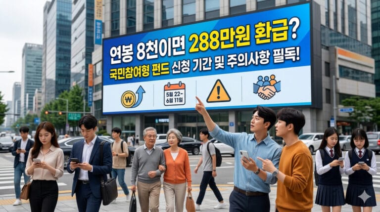 연봉 8천이면 288만원 환급? 국민참여형 펀드 신청 기간 및 주의사항 필독!"이라는 크고 명확한 한글 문구가 적힌 대형 전광판이 세워진 도심 거리 풍경입니다. 전광판 아래로는 돈(₩) 아이콘과 상승 화살표, 달력 아이콘(5월 22일~6월 11일 표시), 노란색 경고 삼각 표지판, 맞잡은 손 모양의 참여 아이콘이 직관적으로 배치되어 있습니다. 전광판 앞 횡단보도를 건너는 젊은 직장인, 중장년 커플, 교복 입은 학생 등 다양한 연령대의 시민들이 이 전광판을 흥미롭게 쳐다보거나 손가락으로 가리키고 있습니다. 현대적인 건물들과 도로 위의 차들이 어우러진 사실적인 도시 배경의 이미지입니다