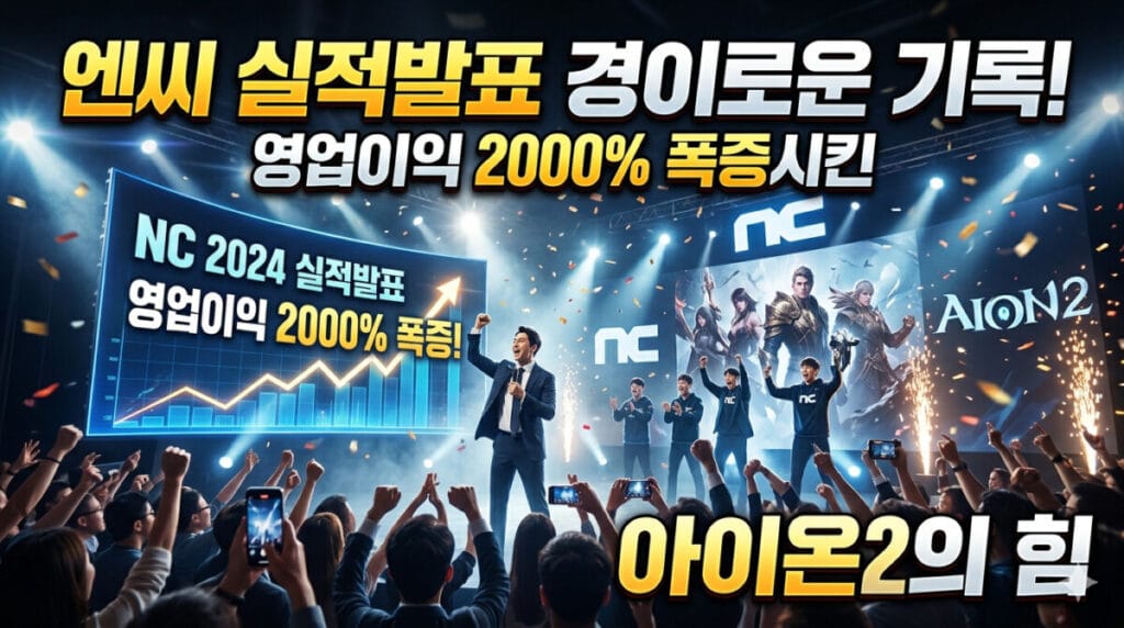 엔씨 실적 발표 현장에서 아이온2의 흥행으로 영업이익 2000% 폭증을 축하하며 환호하는 사람들과 화려한 무대 연출 이미지