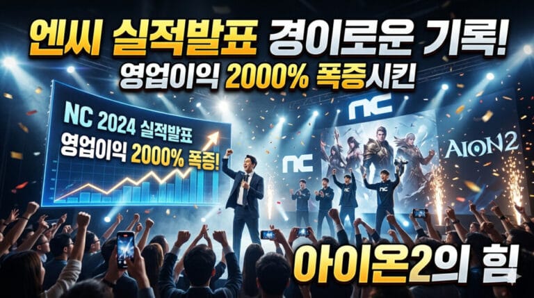 엔씨 실적 발표 현장에서 아이온2의 흥행으로 영업이익 2000% 폭증을 축하하며 환호하는 사람들과 화려한 무대 연출 이미지